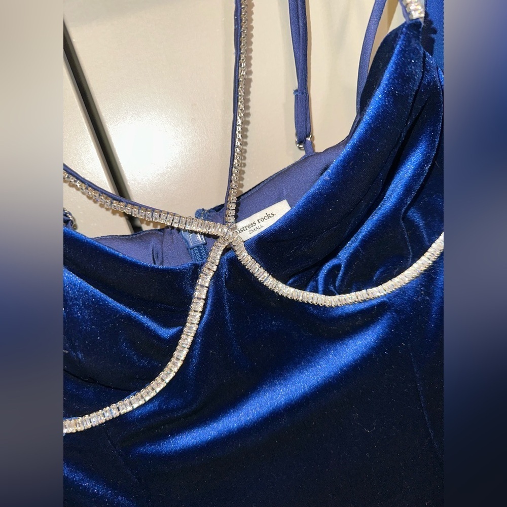 House Of CB Mistress Rocks Blue Velvet Mini Dress Size Small - Picture 7 of 10